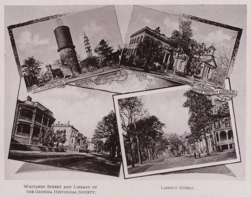 ओल्ड सीमैन का बेथेल; जलाशय; पहला अफ्रीकी बैपटिस्ट चर्च; हार्डी निवास; पहला व्हाइट बैपटिस्ट चर्च; जॉर्जिया हिस्टोरिकल सोसाइटी की व्हिटेकर स्ट्रीट और लाइब्रेरी; लिबर्टी स्ट्रीट (बी / डब्ल्यू फोटो) द्वारा अमेरिकी फ़ोटोग्राफ़र (बाद में)