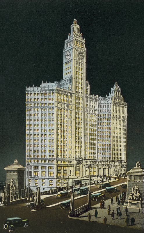 Wrigley बिल्डिंग, दक्षिण और उत्तर खंड, रात तक (रंगीन फोटो) द्वारा अमेरिकी फोटोग्राफर
