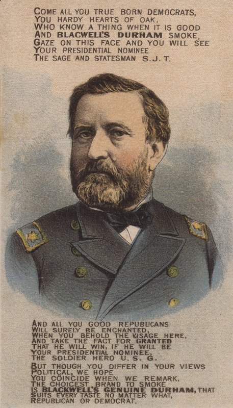अमेरिकी सैनिक और राजनेता Ulysses S Grant, ब्लैकवेल डरहम बुल टोबैको, 1870 के दशक का ट्रेड कार्ड विज्ञापन द्वारा अमेरिकी स्कूल