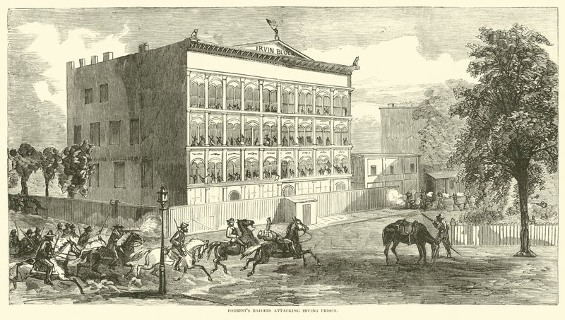 इरविंग जेल पर हमला करने वाले हमलावरों को अगस्त 1864 द्वारा अमेरिकी स्कूल