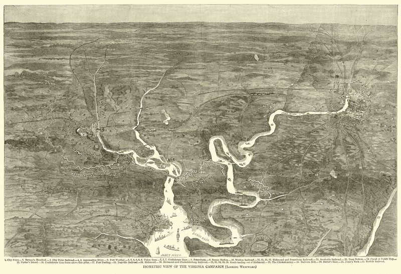 वर्जिनिया कैंपेन का आइसोमेट्रिक व्यू, लुकिंग वेस्टवर्ड, जून 1864 द्वारा अमेरिकी स्कूल