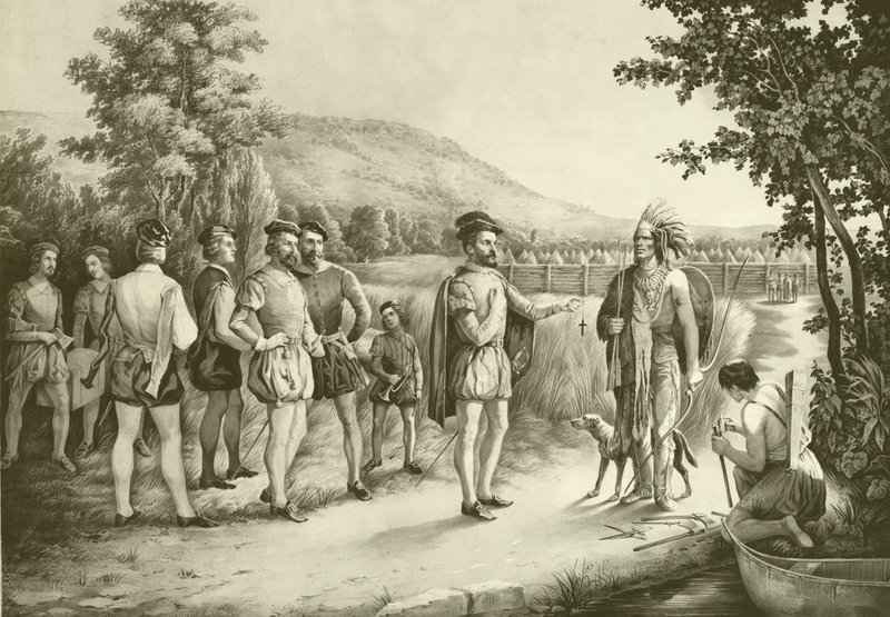 जैक्स कार्टियर, 1535 में मॉन्ट्रियल में होचेलगा में भारतीयों के साथ अपना पहला साक्षात्कार, c.1850 द्वारा अमेरिकी स्कूल