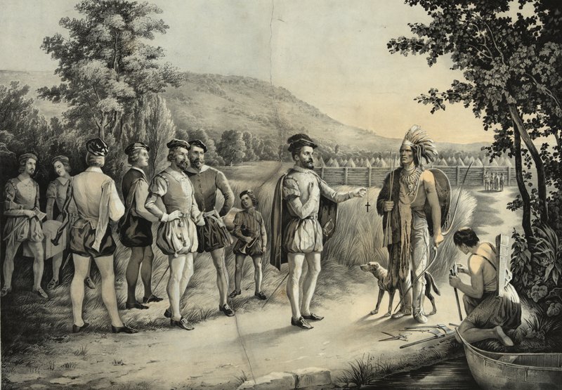 जैक्स कार्टियर, 1535 में मॉन्ट्रियल में होचेलगा में भारतीयों के साथ अपना पहला साक्षात्कार, c.1850 द्वारा अमेरिकी स्कूल