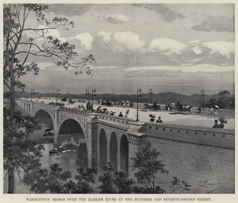 एक सौ सत्तर-सेकंड स्ट्रीट (लिथो) में हार्लेम नदी पर वाशिंगटन ब्रिज द्वारा अमेरिकी स्कूल
