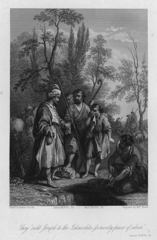 यूसुफ इश्मीलाइट व्यापारियों को बेच दिया, उत्पत्ति XXXVII, 28 (उत्कीर्णन) द्वारा एंटोनियो Zucchi