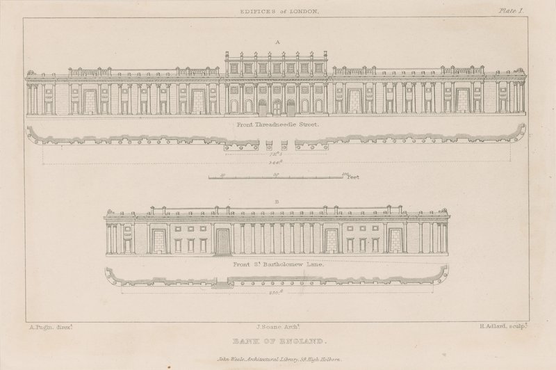 बैंक ऑफ इंग्लैंड, सर जॉन सोएन का दक्षिण मोर्चा, 1823 द्वारा ऑगस्टस चार्ल्स पुगिन