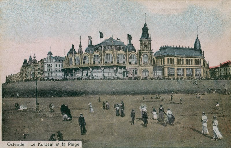 ले कुरसाल और बेल्जियम में ओस्टेंड में समुद्र तट। 1913 में पोस्टकार्ड भेजा गया। द्वारा बेल्जियम का फोटोग्राफर