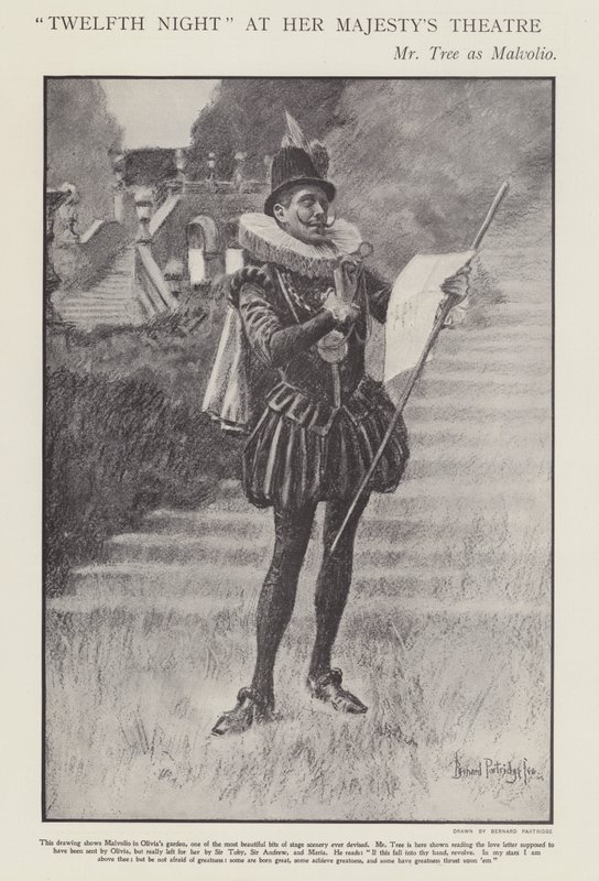 शेक्सपियर के ट्वेल्थ नाइट एट हर मेजेस्टीज़ थिएटर, लंदन (लिथो) के निर्माण में मालवोलियो के रूप में हर्बर्ट बीरबोहम ट्री द्वारा बर्नार्ड (बाद) पार्ट्रिज