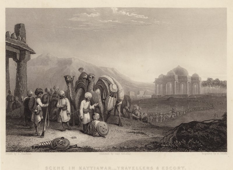 कटियावाड़ में दृश्य, यात्री और अनुरक्षण (उत्कीर्णन) द्वारा सी। (बाद) स्टैनफील्ड