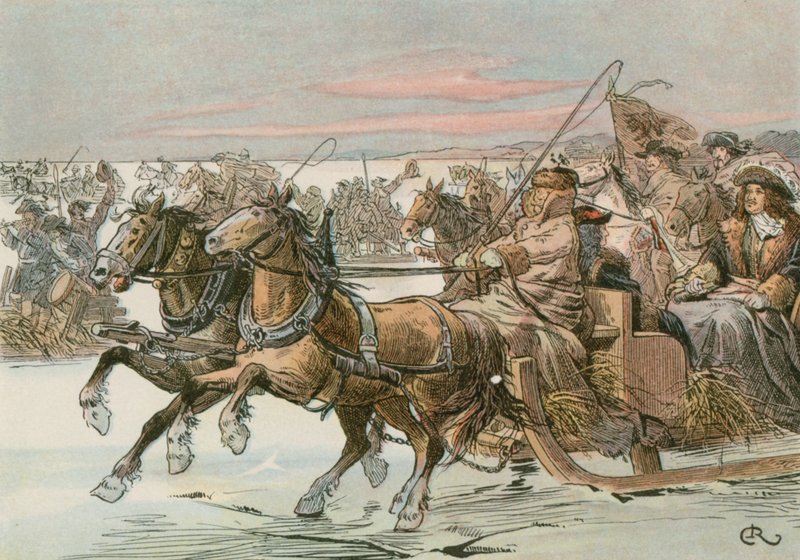 फ्रेडरिक विलियम, द ग्रेट इलेक्टर (1620-1688), 1678 में स्वीडिश के खिलाफ अभियान में स्लेज द्वारा क्यूरोनियन लैगून को पार करना द्वारा कार्ल खाली
