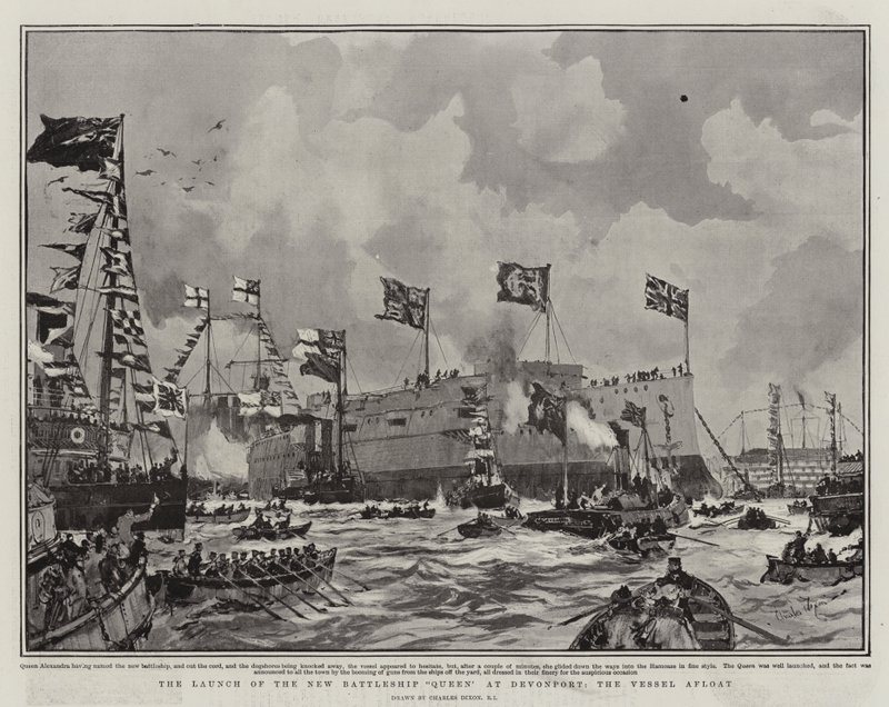 Devonport में नई बैटलशिप क्वीन का लॉन्च, वेसल अफलोत द्वारा चार्ल्स एडवर्ड डिक्सन