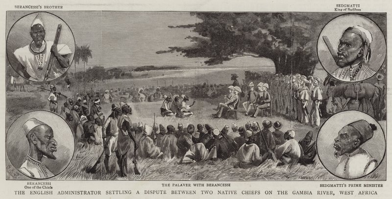 पश्चिम अफ्रीका के गाम्बिया नदी पर दो मूल निवासियों के बीच विवाद का निपटारा करते अंग्रेजी प्रशासक द्वारा चार्ल्स एडविन फ्रैप
