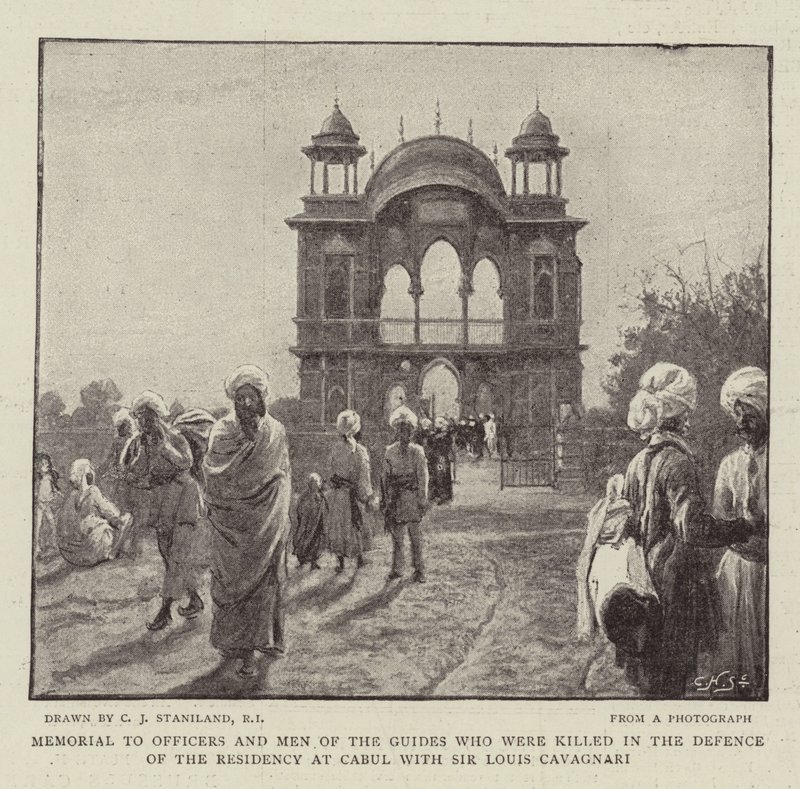 सर लुई कैवेगारी के साथ कैबुल में रेजिडेंसी की रक्षा में मारे गए अधिकारियों और मार्गदर्शकों के स्मारक द्वारा चार्ल्स जे स्टैनलैंड