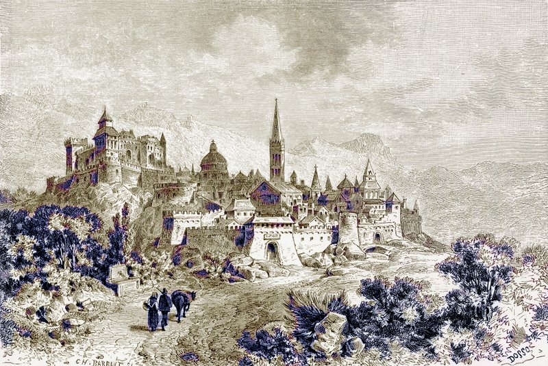 स्पूलेटो का दृश्य, विक्टर डुरु द्वारा &39;रोम का इतिहास&39; का चित्रण, 1884 (डिजिटल रूप से उन्नत छवि) द्वारा चार्ल्स बार्बेंट