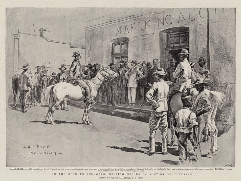 Bulawayo के रोड पर, Mafeking पर नीलामी द्वारा घोड़े बेच रहे हैं द्वारा चार्ल्स एडविन फ्रैप