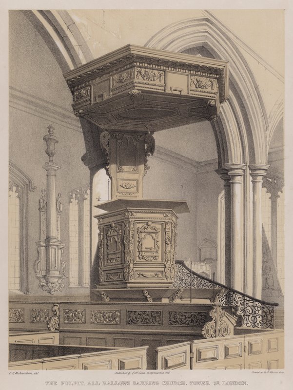 पल्पिट, ऑल हैलोज़ बार्किंग चर्च, टॉवर स्ट्रीट, लंदन (कलर लिथो) द्वारा चार्ल्स जेम्स रिचर्डसन