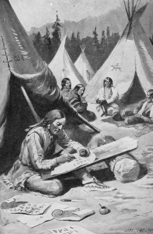 सिकोया अपनी वर्णमाला (लिथो) पर काम कर रहा है द्वारा चार्ल्स मिल्स (बाद में) शेल्डन