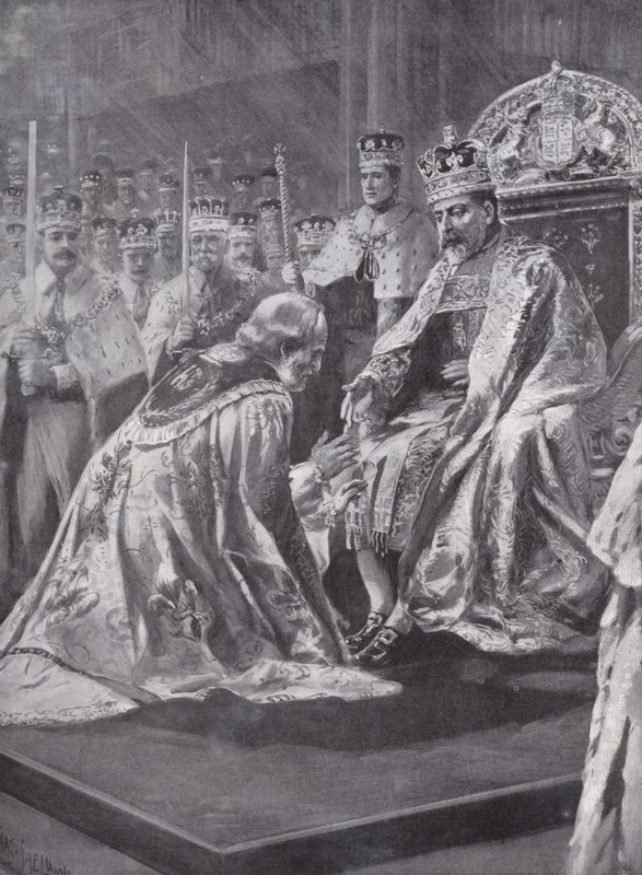 किंग एडवर्ड सप्तम, वेस्टमिंस्टर एब्बे, लंदन, 1902 के राज्याभिषेक में कैंटरबरी के आर्कबिशप का सम्मान द्वारा शेल्डन के बाद चार्ल्स मिल्स