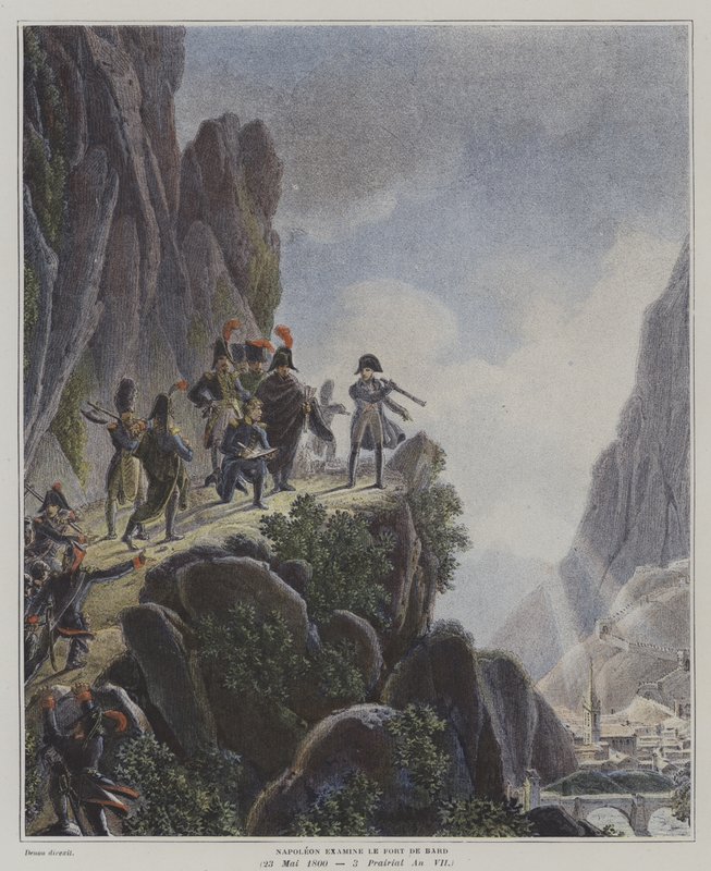 फ़ोर्ट बार्ड, इटली की जांच करते नेपोलियन, 23 मई 1800 (कलर लिथो) द्वारा डोमिनिक विवंत (बाद में) डेनोन