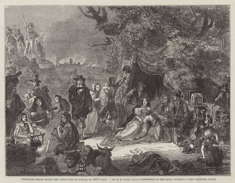 1666 में लंदन की महान आग के दौरान हाईगेट फील्ड्स द्वारा एडगर मेलविले वार्ड
