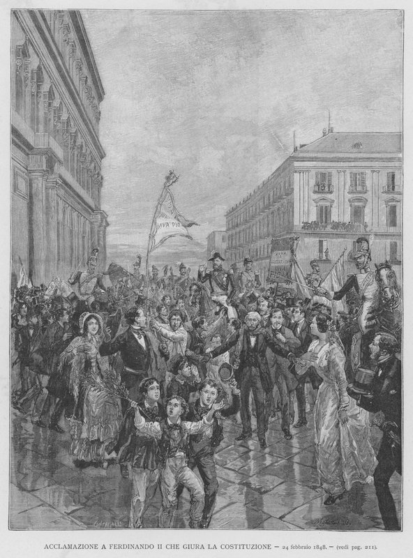 फर्डिनेंड द्वितीय, जिन्होंने संविधान की शपथ ली, 24 फरवरी, 1848 (उत्कीर्णन) द्वारा एडुआर्डो मटानिया