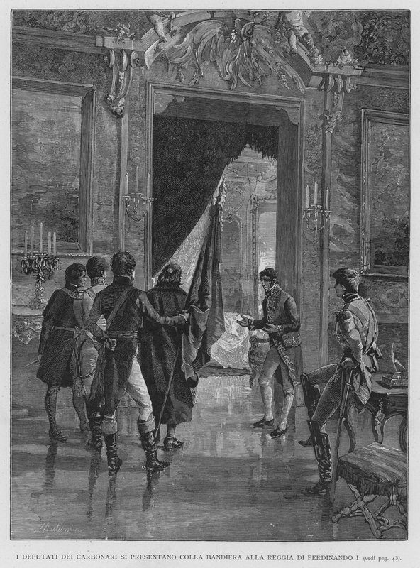 कार्बोनारी के प्रतिनिधि फर्डिनेंड I (उत्कीर्णन) के रॉयल पैलेस में खुद को ध्वज के साथ प्रस्तुत करते हैं द्वारा एडुआर्डो मटानिया