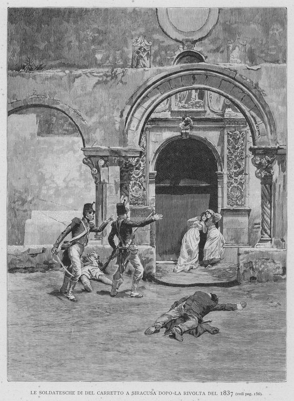 1837 के विद्रोह (उत्कीर्णन) के बाद सिरैक्यूज़ में डेल कैरेटो के सैनिक द्वारा एडुआर्डो मटानिया