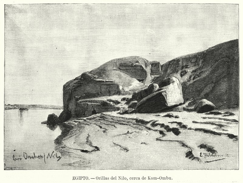 कोम ओम्बो, मिस्र (लिथो) के पास नील नदी के किनारे द्वारा एडुआर्ड (बाद) हिल्डेब्रांड