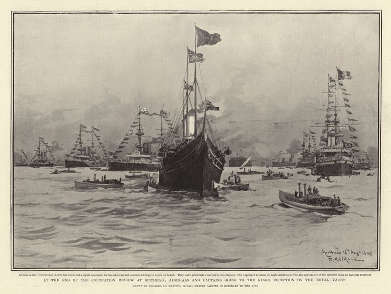 Spithead में राज्याभिषेक की समीक्षा के अंत में, रॉयल यॉट पर किंग्स रिसेप्शन में जा रहे एडमिरल और कैप्टन द्वारा एडवर्ड डी मार्टिनो