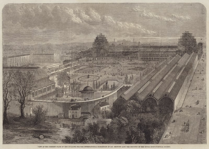 1862 की अंतर्राष्ट्रीय प्रदर्शनी के लिए भवन की वर्तमान स्थिति का दृश्य द्वारा एडवर्ड हल