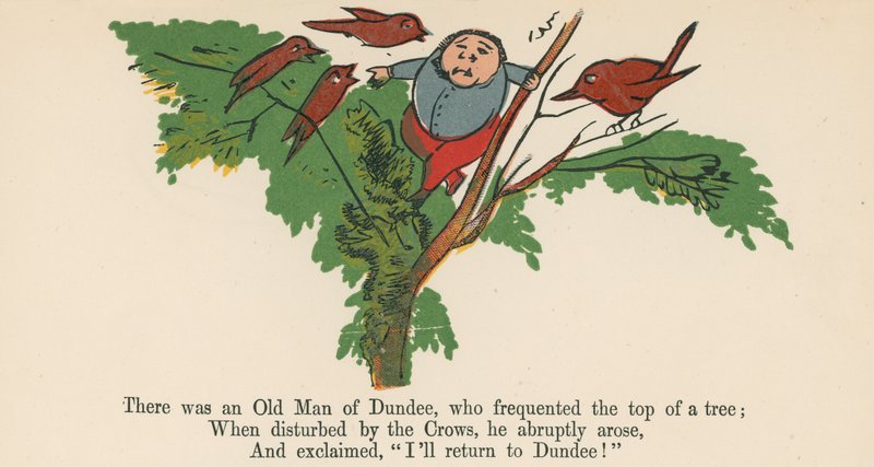 डंडी का एक पुराना आदमी था, जिसने फ्रेडरिक वार्न एंड कंपनी, लंदन, c.1875 द्वारा प्रकाशित &39;ए बुक ऑफ़ नॉनसेंस&39; से एक पेड़ की चोटी पर बार-बार चक्कर लगाया। द्वारा एडवर्ड लीयर