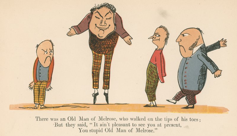 मेलरोज़ का एक पुराना आदमी था, जो फ्रेडरिक वार्न एंड कंपनी, लंदन, c.1875 द्वारा प्रकाशित &39;ए बुक ऑफ़ नॉनसेंस&39; से, अपने पैर की उंगलियों के सुझावों पर चलता था। द्वारा एडवर्ड लीयर