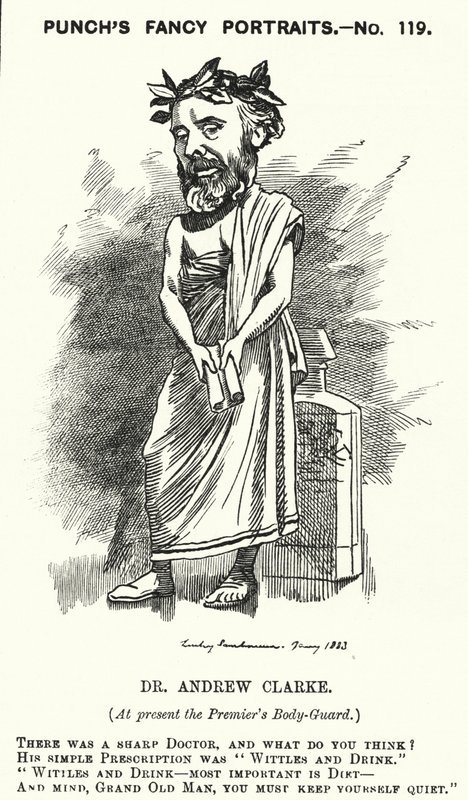 पंच कार्टून: सर एंड्रयू क्लार्क, ब्रिटिश चिकित्सक, विलियम इवार्ट ग्लैडस्टोन के चिकित्सक द्वारा एडवर्ड लिनली (बाद में) सैम्बोर्न