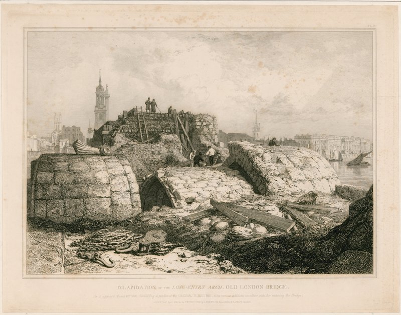ओल्ड लंदन ब्रिज का एक हिस्सा जैसा कि जून 1832 में दिखाई दिया द्वारा एडवर्ड विलियम कुक