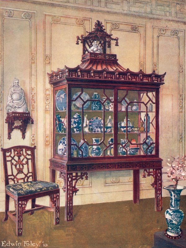 Chippendale के चाइनीज़ मैनर में Chippendale चाइनीज़ चेयर पर नक्काशीदार China Case द्वारा एडविन जॉन फोले