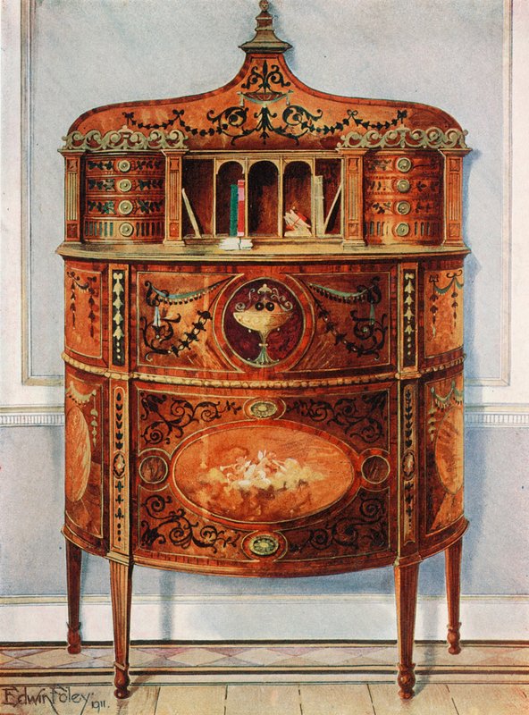 Inlaid और चित्रित Satinwood लेखन-डेस्क कैबिनेट, Ormolu घुड़सवार द्वारा एडविन जॉन फोले