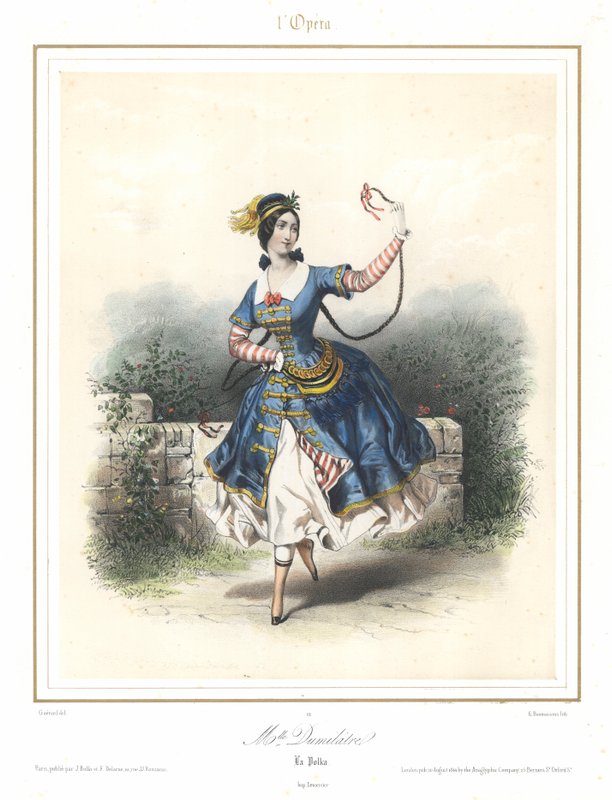फ्रेंच बैले डांसर एडेल डुमिलाट्रे पेरिस ओपेरा में नृत्य करते हुए, c1840 (कलर लिथो) द्वारा एमिल डेसमैन