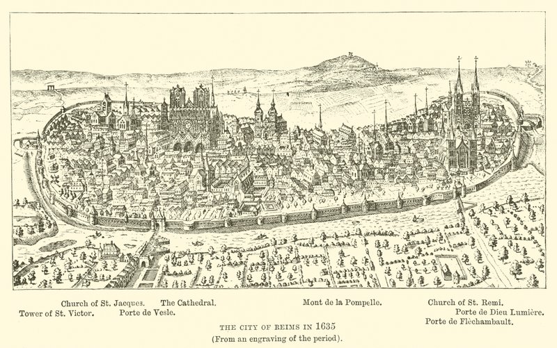 1635 में रिम्स का शहर, (अवधि के एक उत्कीर्णन से) द्वारा अंग्रेजी स्कूल