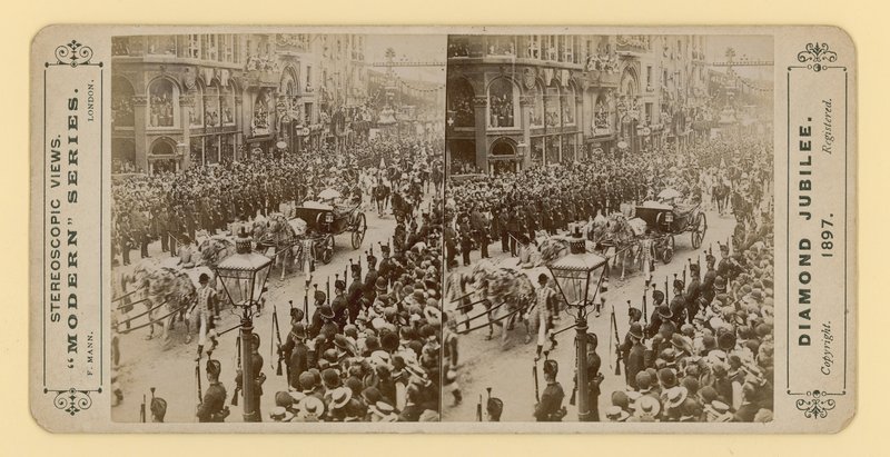 28 जून 1897 को रानी विक्टोरियास डायमंड जुबली का त्रिविम प्रिंट द्वारा अंग्रेजी फोटोग्राफर