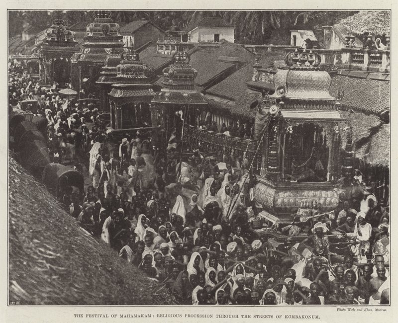 महाकम् का महोत्सव, कोम्बकोनम की सड़कों के माध्यम से धार्मिक जुलूस द्वारा अंग्रेजी फोटोग्राफर