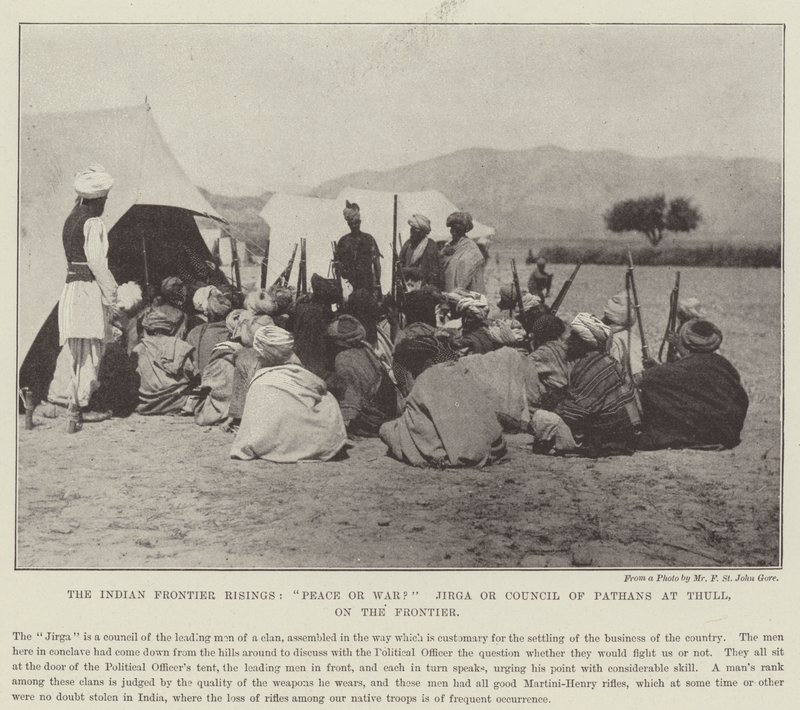 द इंडियन फ्रंटियर रिसिंग, पीस या वॉर थिर पर जिरगा या पठान की परिषद, सीमांत पर द्वारा अंग्रेजी फोटोग्राफर