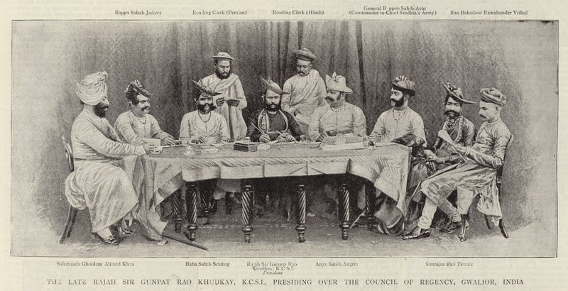 स्वर्गीय राजह सर गनपत राव खुडके, केसीएसआई, भारत परिषद, ग्वालियर की अध्यक्षता कर रहे हैं द्वारा अंग्रेजी फोटोग्राफर