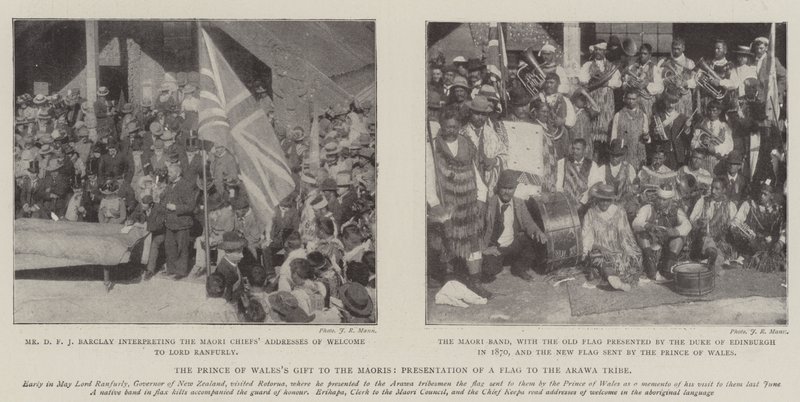 Maoris के लिए वालिस उपहार के राजकुमार, अरवा जनजाति को एक ध्वज की प्रस्तुति द्वारा अंग्रेजी फोटोग्राफर