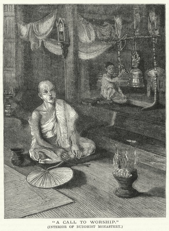 "पूजा करने के लिए एक कॉल," बौद्ध मठ का आंतरिक भाग (उत्कीर्णन) द्वारा अंग्रेजी स्कूल