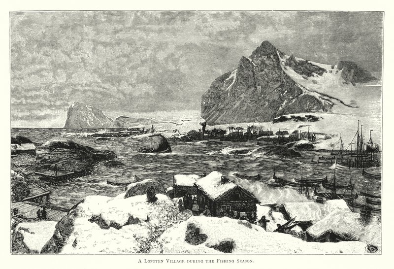 मछली पकड़ने के मौसम के दौरान एक लोफोटेन गांव (उत्कीर्णन) द्वारा अंग्रेजी स्कूल
