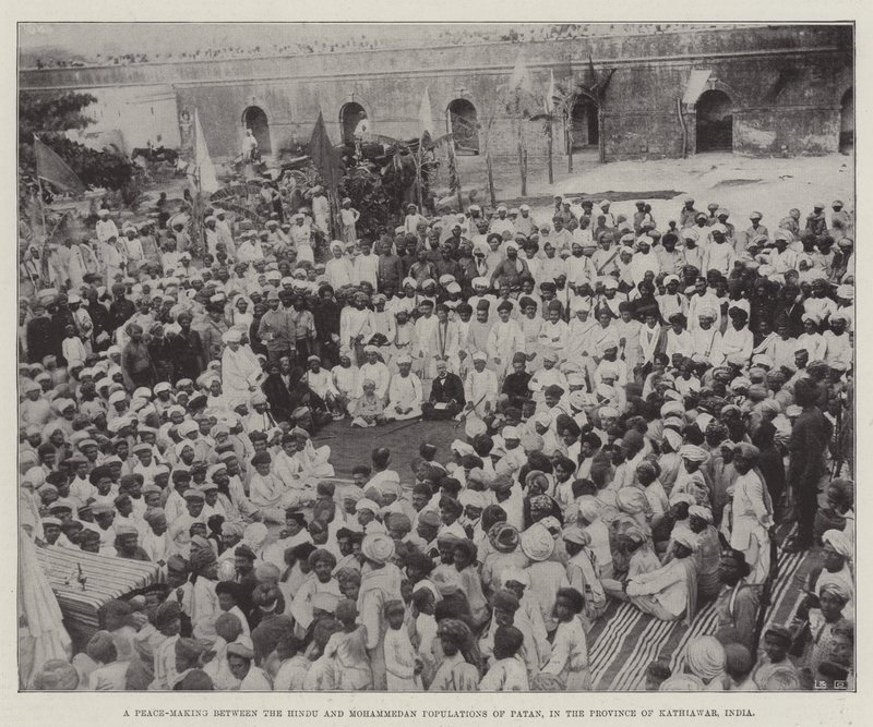 भारत के काठियावाड़ प्रांत में पाटन की हिंदू और मुस्लिम आबादी के बीच एक शांति-निर्माण (उत्कीर्णन) द्वारा अंग्रेजी स्कूल