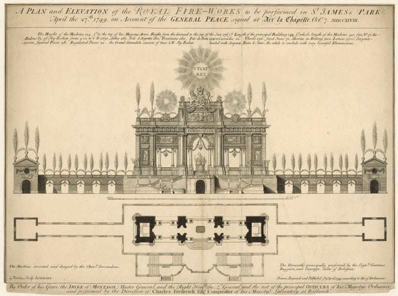 27 अप्रैल 1749 को सेंट जेम्ज़ पार्क में रॉयल पटाखों की एक योजना और प्रदर्शन द्वारा अंग्रेजी स्कूल