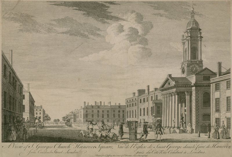 लंदन के Conduit स्ट्रीट से St Georges Church, Hanover Square का दृश्य द्वारा अंग्रेजी स्कूल