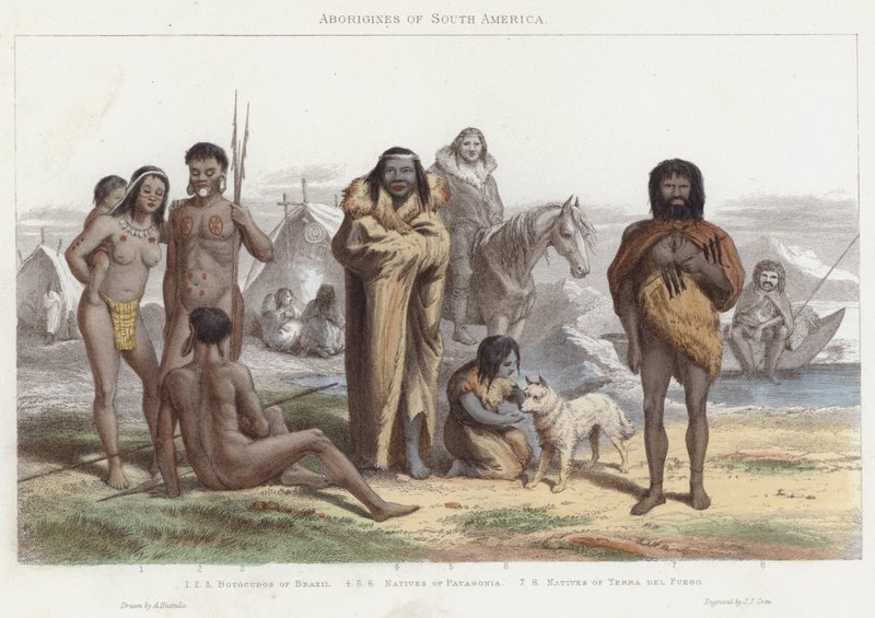 दक्षिण अमेरिका के आदिवासी (रंगीन उत्कीर्णन) द्वारा अंग्रेजी स्कूल