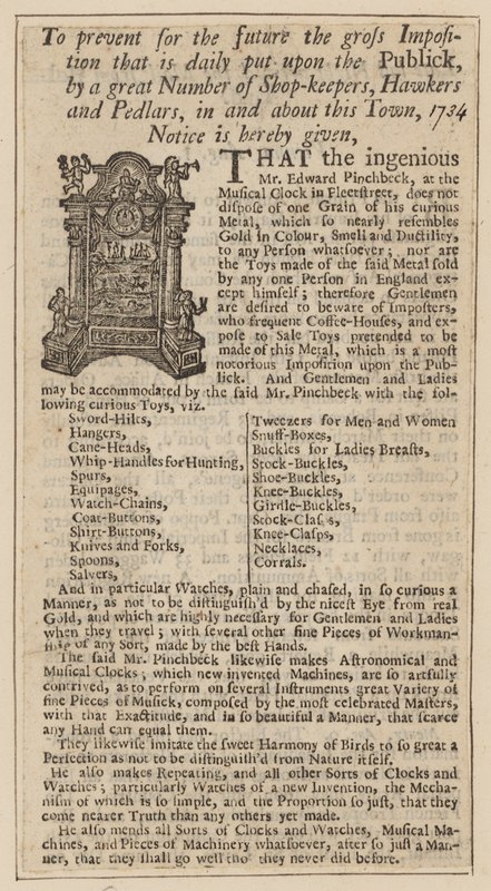 1734 से एडवर्ड पिंचबेक, म्यूजिकल क्लॉक, फ्लीट स्ट्रीट, लंदन के लिए विज्ञापन करें द्वारा अंग्रेजी स्कूल
